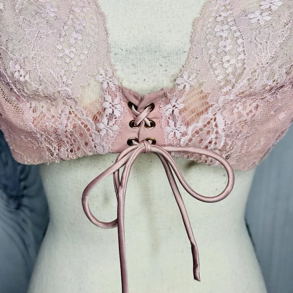 Victoria's Secret Dusty Rose Pink Lace Plunge Bra Size 38D Tie Front